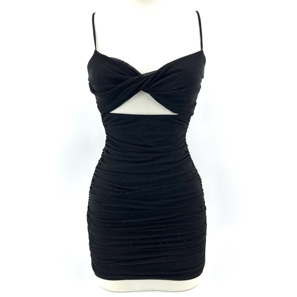 Black Sparkly Ruched Bodycon Dress Cutout Birthday Vegas Bachelorette Glam